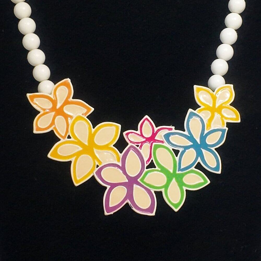 Vintage 80s Chunky White Bead Necklace Floral Pastel Statement Maximalist Retro - Picture 7 of 7